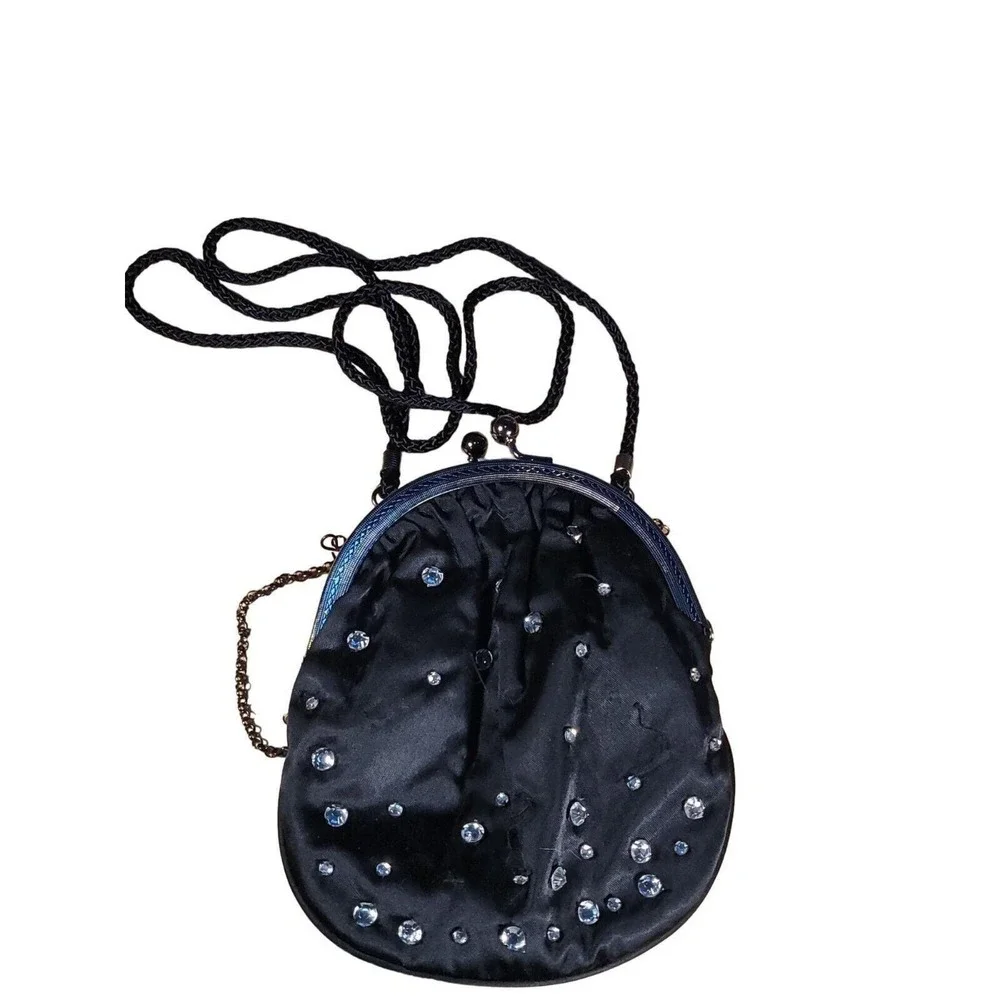 Vintage Black Satin Rhinestone‎ Clutch Bag Kiss Lock Gothic Evening Prom Purse